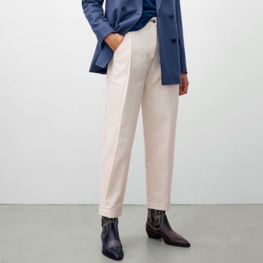 Massimo Dutti Slouchy Cotton Contrast Stitch Cream Trousers Pants